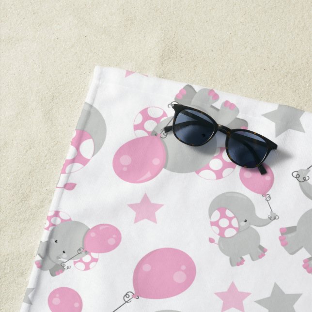 Pattern Of Elephants, Cute Elephants - Pink Gray Beach Towel (In Situ)