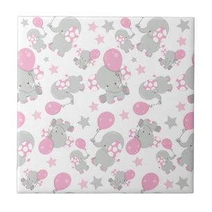 Pattern Of Elephants, Cute Elephants - Pink Gray Ceramic Tile