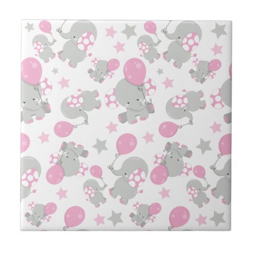 Pattern Of Elephants Cute Elephants _ Pink Gray Ceramic Tile