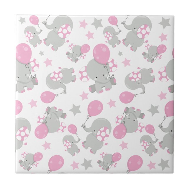 Pattern Of Elephants, Cute Elephants - Pink Gray Ceramic Tile (Front)