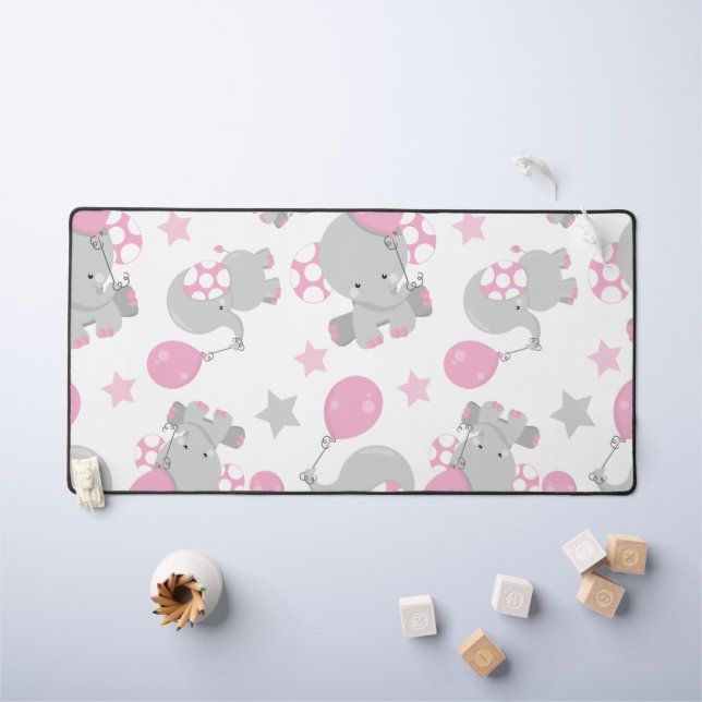 Pattern Of Elephants, Cute Elephants - Pink Gray Desk Mat (Kids Table)
