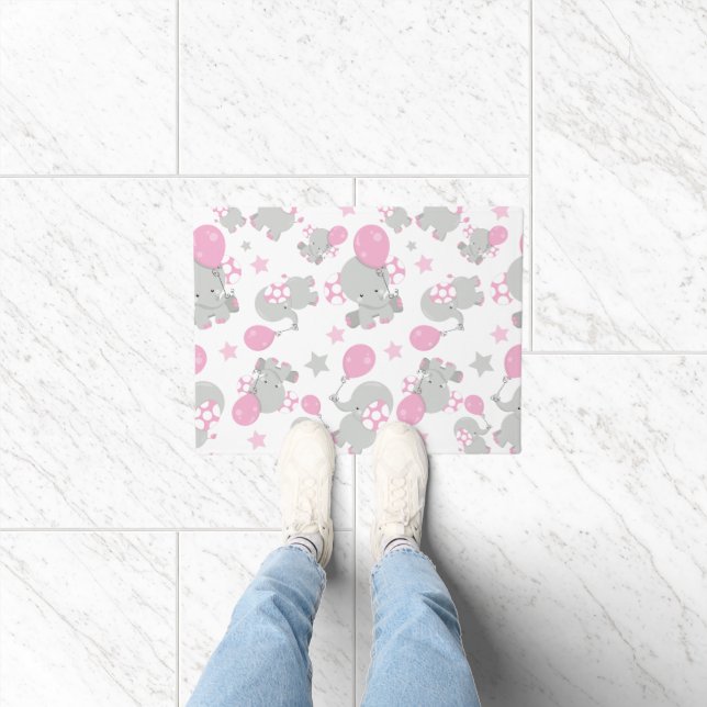 Pattern Of Elephants, Cute Elephants - Pink Gray Doormat (Indoor)