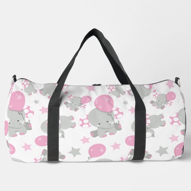 Pattern Of Elephants, Cute Elephants - Pink Gray Duffle Bag (Front)