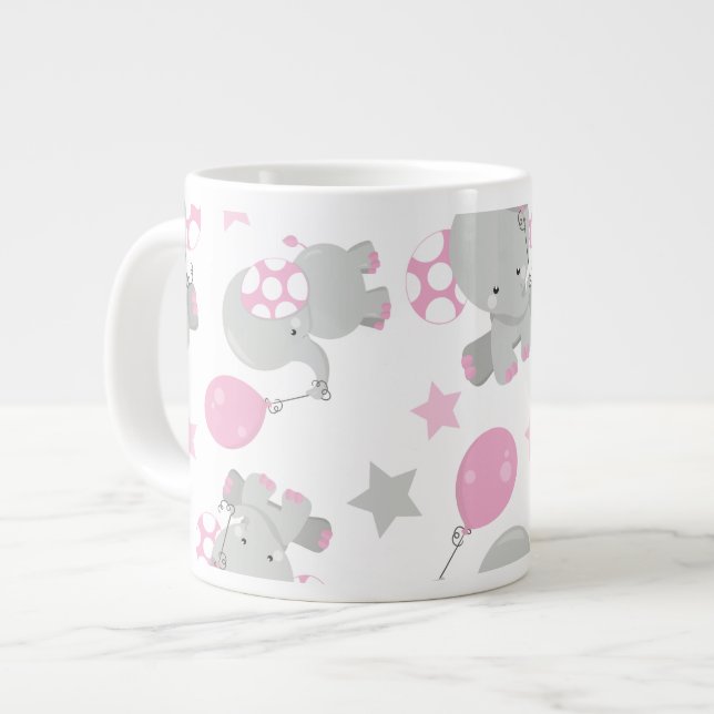 Pattern Of Elephants, Cute Elephants - Pink Gray Giant Coffee Mug (Front Left)