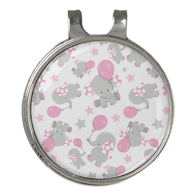 Pattern Of Elephants, Cute Elephants - Pink Gray Golf Hat Clip (Front)