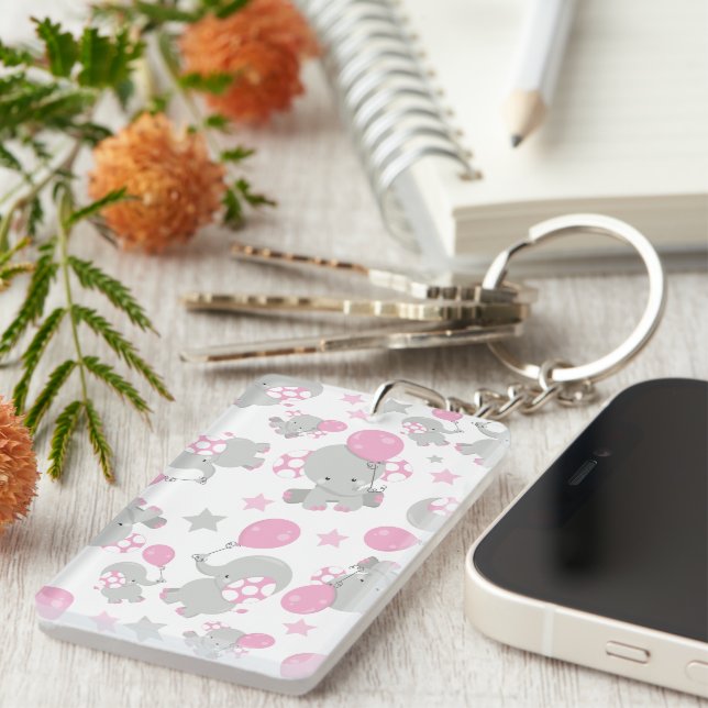 Pattern Of Elephants, Cute Elephants - Pink Gray Keychain (Front Right)