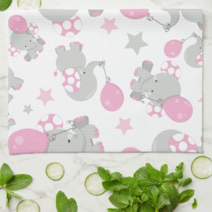 Pattern Of Elephants, Cute Elephants - Pink Gray Kitchen Towel