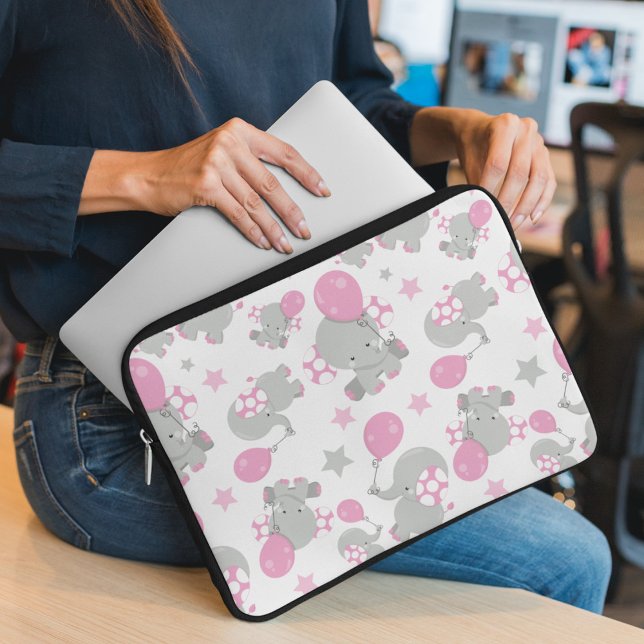 Pattern Of Elephants, Cute Elephants - Pink Gray Laptop Sleeve (Creator Uploaded)