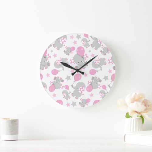 Pattern Of Elephants Cute Elephants _ Pink Gray Large Clock