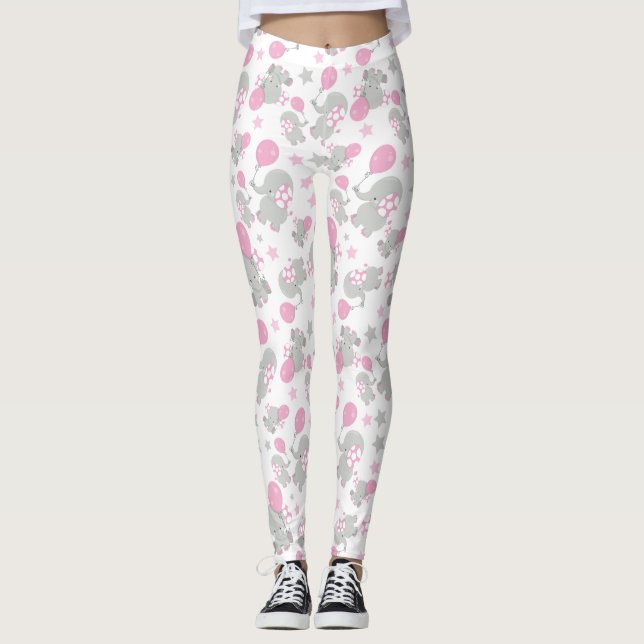 Pattern Of Elephants, Cute Elephants - Pink Gray Leggings (Front)