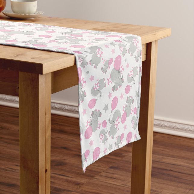 Pattern Of Elephants, Cute Elephants - Pink Gray Medium Table Runner (In Situ)