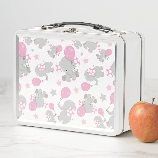 Pattern Of Elephants, Cute Elephants - Pink Gray Metal Lunch Box (In Situ)