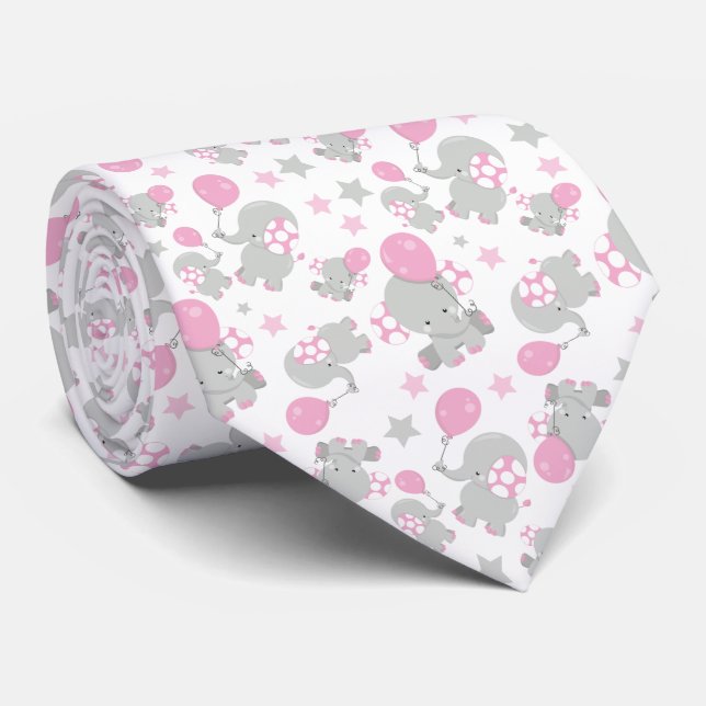 Pattern Of Elephants, Cute Elephants - Pink Gray Neck Tie (Rolled)