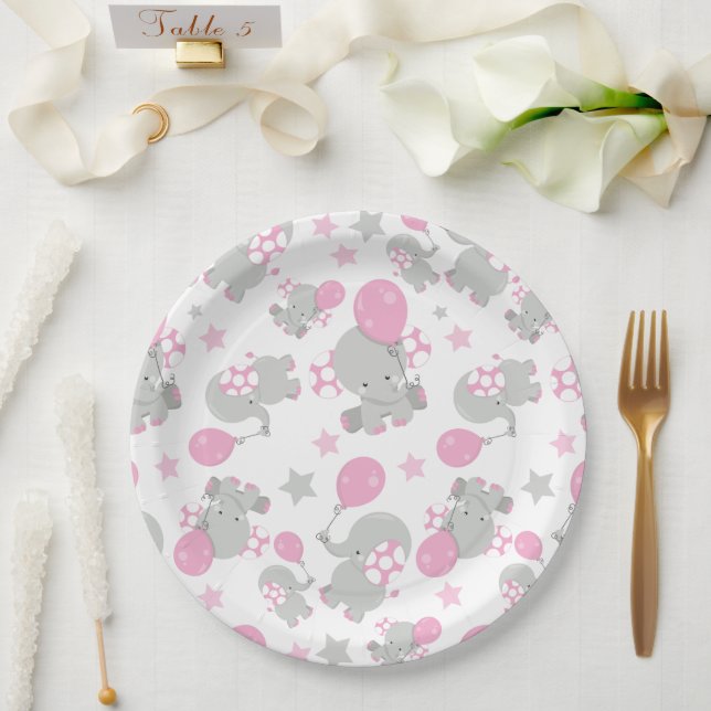 Pattern Of Elephants, Cute Elephants - Pink Gray Paper Plates (Wedding)