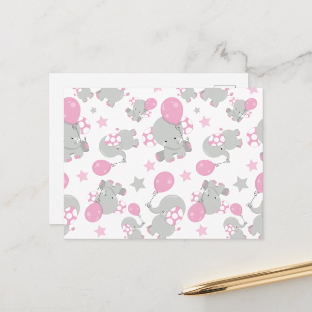 Pattern Of Elephants, Cute Elephants - Pink Gray Postcard (Front/Back In Situ)