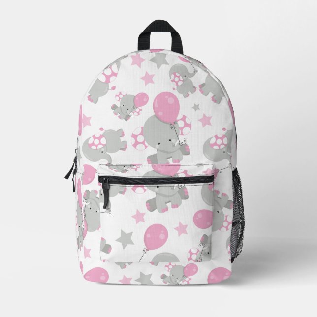 Pattern Of Elephants, Cute Elephants - Pink Gray Printed Backpack (Front)