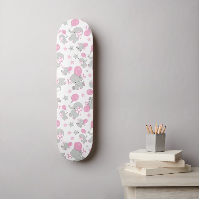 Pattern Of Elephants, Cute Elephants - Pink Gray Skateboard (Wall Art)