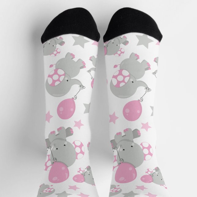 Pattern Of Elephants, Cute Elephants - Pink Gray Socks (Top)