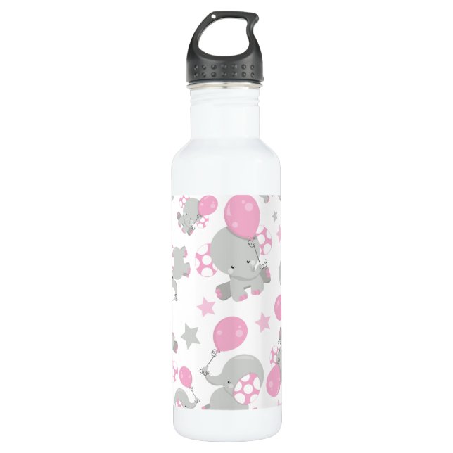 Pattern Of Elephants, Cute Elephants - Pink Gray Stainless Steel Water Bottle (Front)