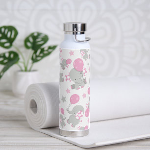Pattern Of Elephants, Cute Elephants - Pink Gray Water Bottle