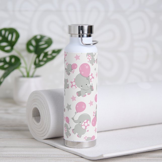 Pattern Of Elephants, Cute Elephants - Pink Gray Water Bottle (Yoga)