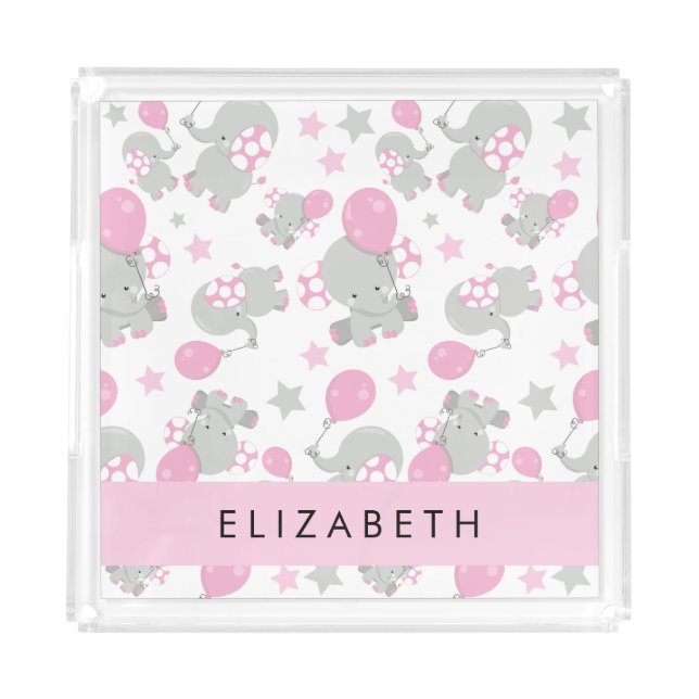 Pattern Of Elephants, Cute Elephants, Your Name Acrylic Tray (Front)