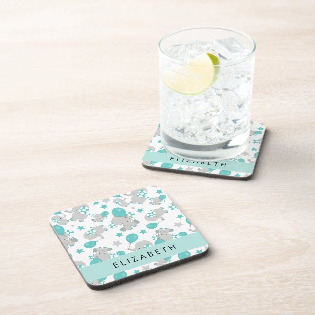 Pattern Of Elephants, Cute Elephants, Your Name Beverage Coaster (Right Side)
