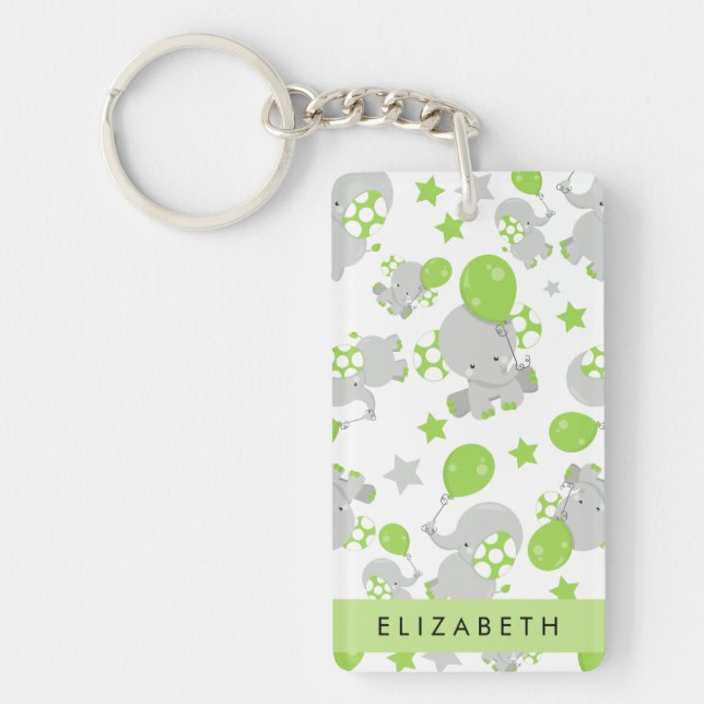 Pattern Of Elephants, Cute Elephants, Your Name Keychain (Front)