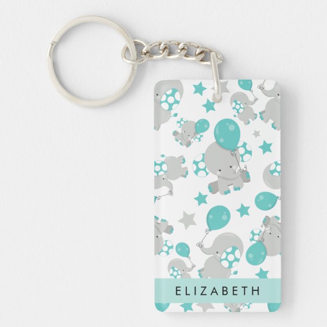 Pattern Of Elephants, Cute Elephants, Your Name Keychain (Front)