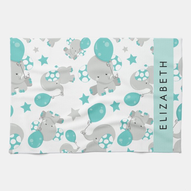 Pattern Of Elephants, Cute Elephants, Your Name Kitchen Towel (Horizontal)