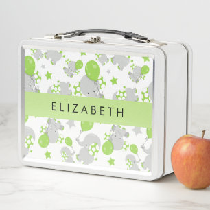 Pattern Of Elephants, Cute Elephants, Your Name Metal Lunch Box