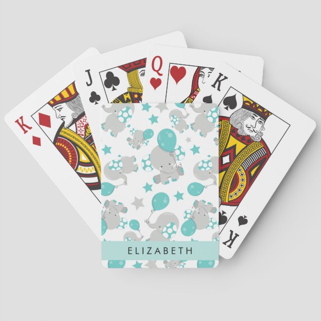 Pattern Of Elephants, Cute Elephants, Your Name Poker Cards (Back)