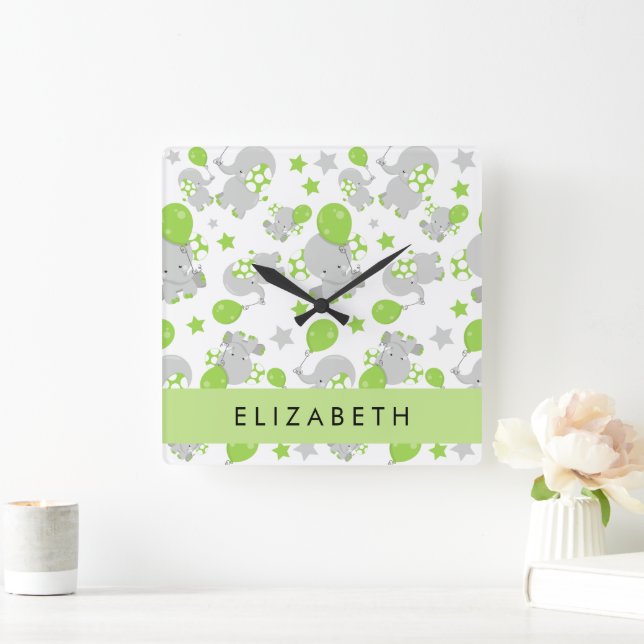 Pattern Of Elephants, Cute Elephants, Your Name Square Wall Clock (Home)