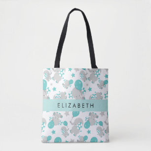 Pattern Of Elephants, Cute Elephants, Your Name Tote Bag
