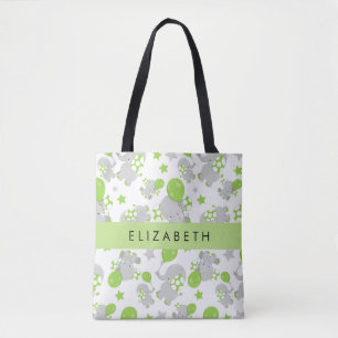 Pattern Of Elephants, Cute Elephants, Your Name Tote Bag