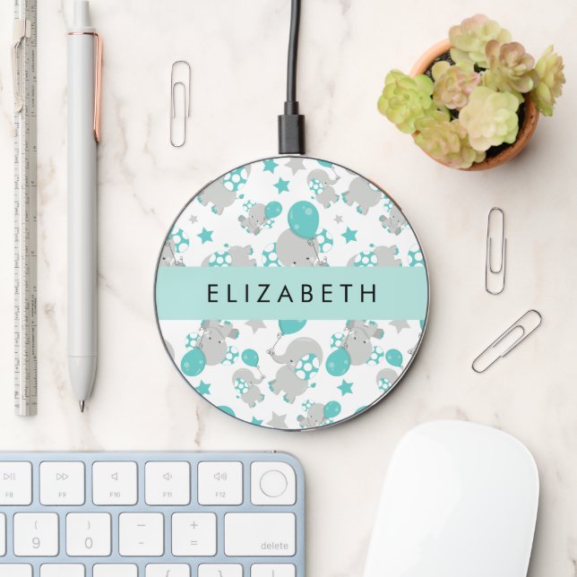 Pattern Of Elephants, Cute Elephants, Your Name Wireless Charger (Desk)