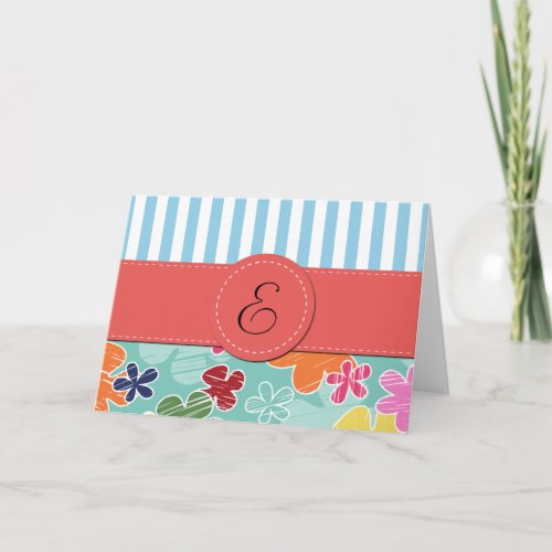 Pattern Of Flowers Blue Stripes Monogram Note Card