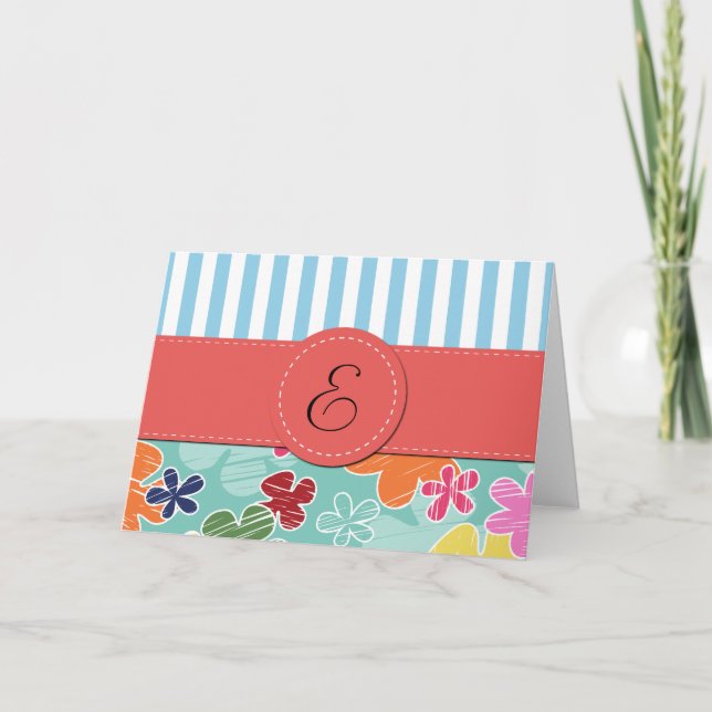 Pattern Of Flowers, Blue Stripes, Monogram Note Card (Front)