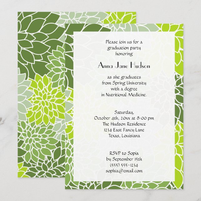 Pattern Of Flowers, Green Dahlia, Graduation Invitation (Front/Back)