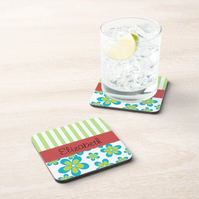 Pattern Of Flowers, Green Stripes, Your Name Beverage Coaster (Right Side)