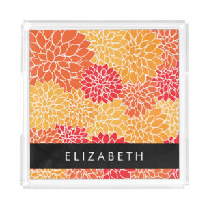Pattern Of Flowers, Orange Dahlia, Your Name Acrylic Tray