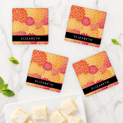 Pattern Of Flowers Orange Dahlia Your Name Coaster Set