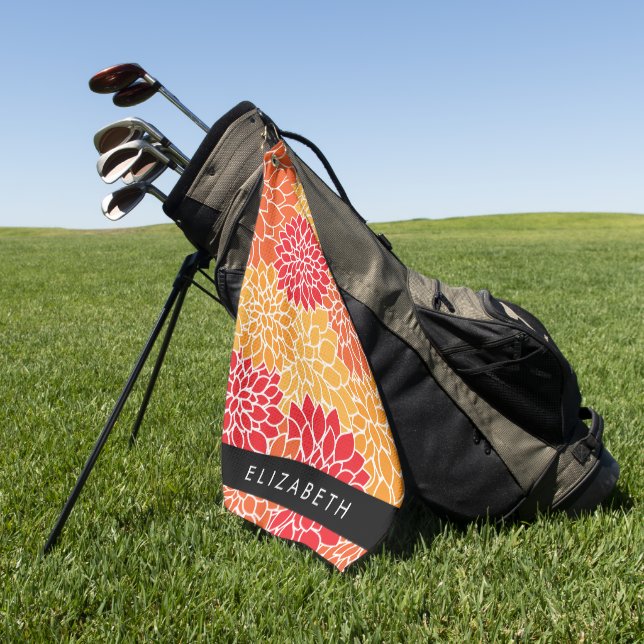 Pattern Of Flowers, Orange Dahlia, Your Name Golf Towel (Green)