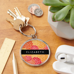 Pattern Of Flowers, Orange Dahlia, Your Name Keychain