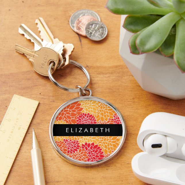 Pattern Of Flowers, Orange Dahlia, Your Name Keychain (Desk)