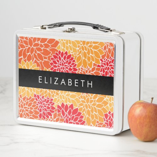 Pattern Of Flowers Orange Dahlia Your Name Metal Lunch Box