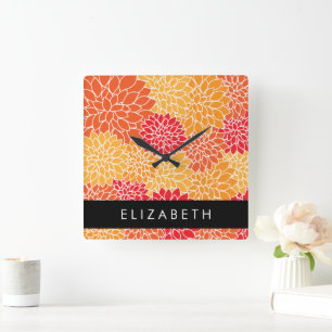 Pattern Of Flowers, Orange Dahlia, Your Name Square Wall Clock
