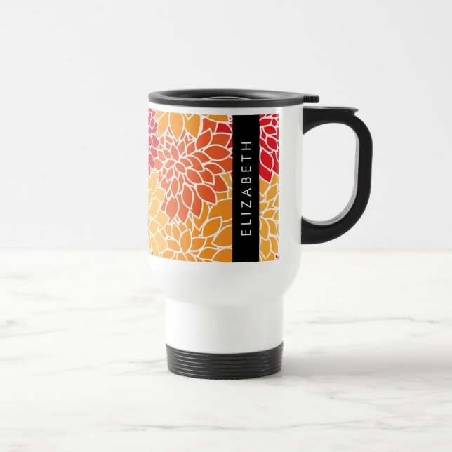 Pattern Of Flowers, Orange Dahlia, Your Name Travel Mug (Right)