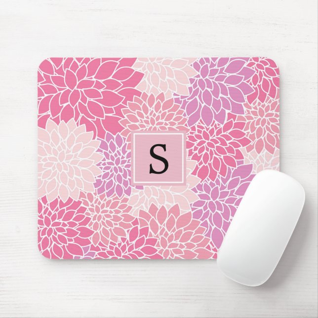 Pattern Of Flowers, Pink Dahlia Flowers, Monogram Mouse Pad (With Mouse)