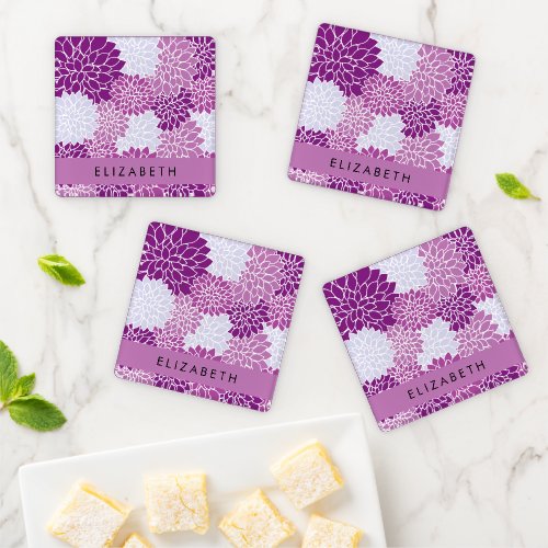 Pattern Of Flowers Purple Dahlia Your Name Coaster Set